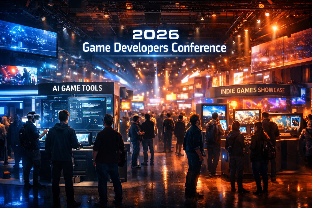 2026 Game Developers Conference showing AI, VR/AR demos, indie game showcases, and conference audience