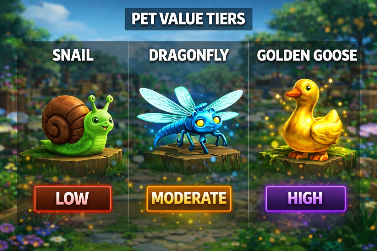 grow a garden pet values tier list showing snail dragonfly and golden goose