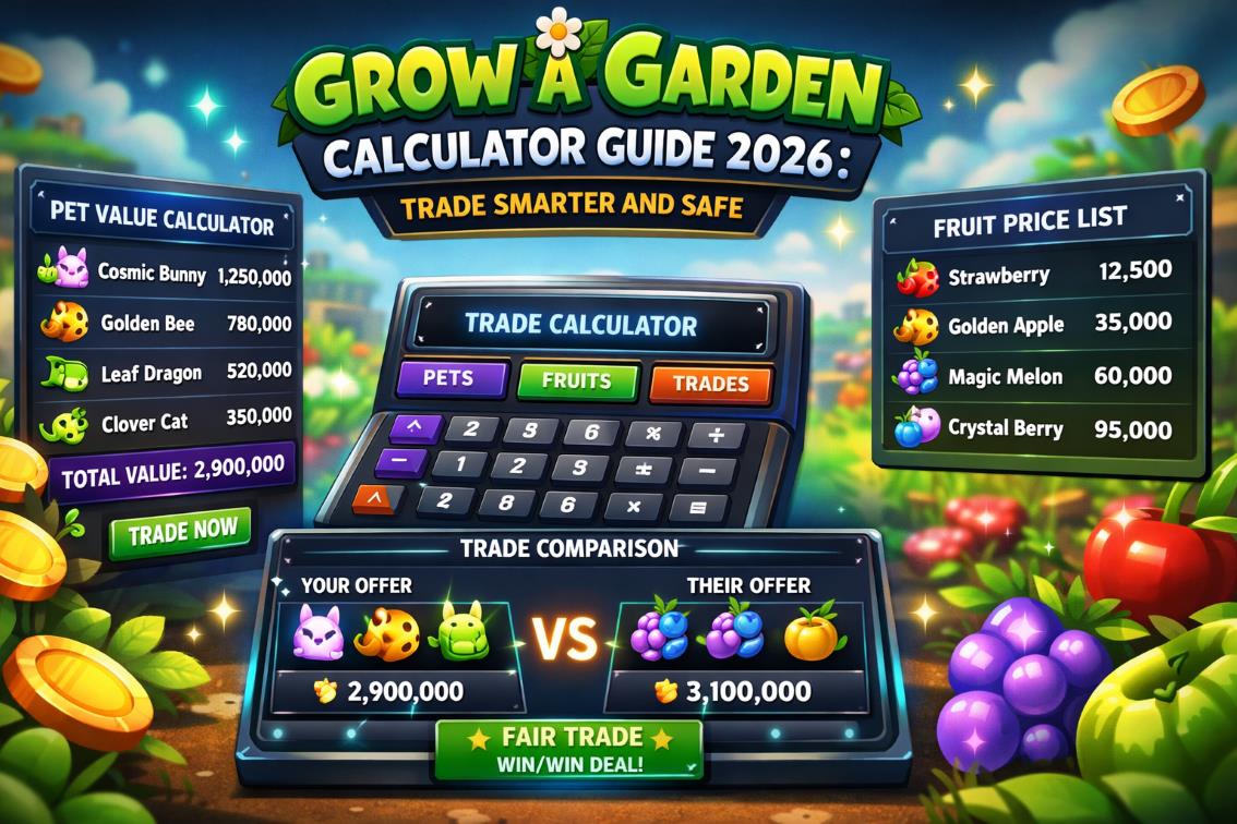 Grow a Garden Calculator interface showing pet and fruit trade values in Roblox