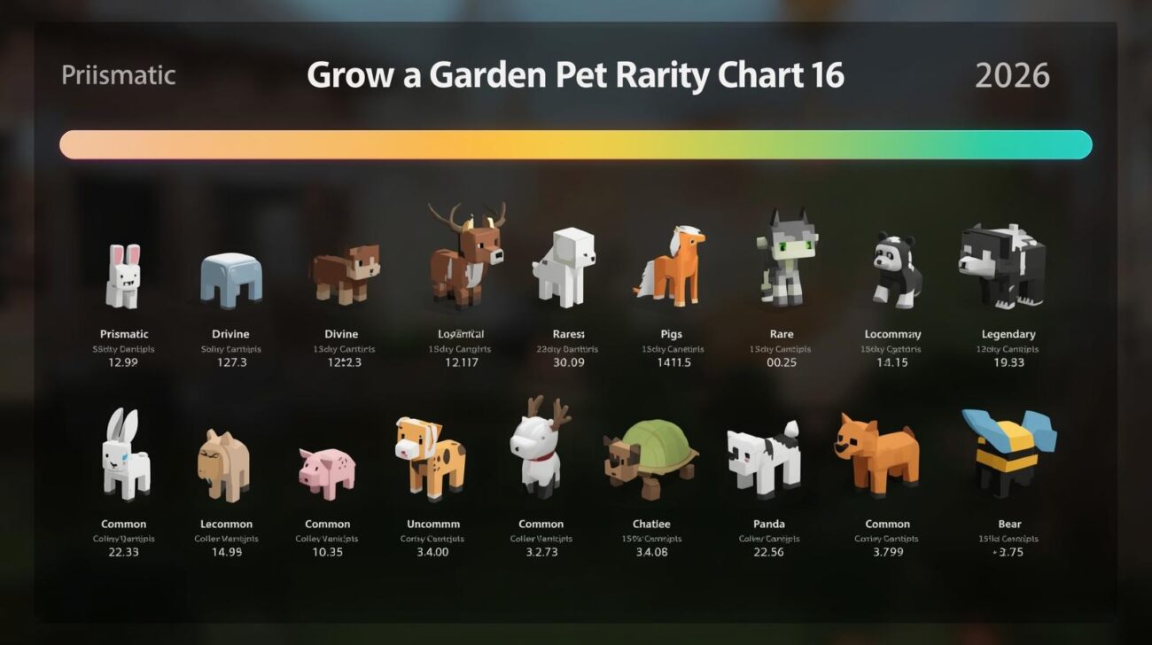 Grow a Garden pet rarity tiers from Common to Mythic with value comparison in Roblox