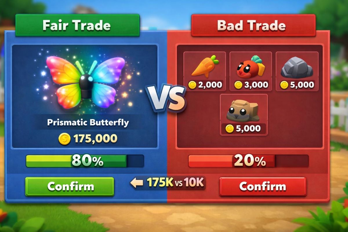 Grow a Garden calculator trade comparison showing high-value pet vs low-value items with percentage difference in Roblox trading interface