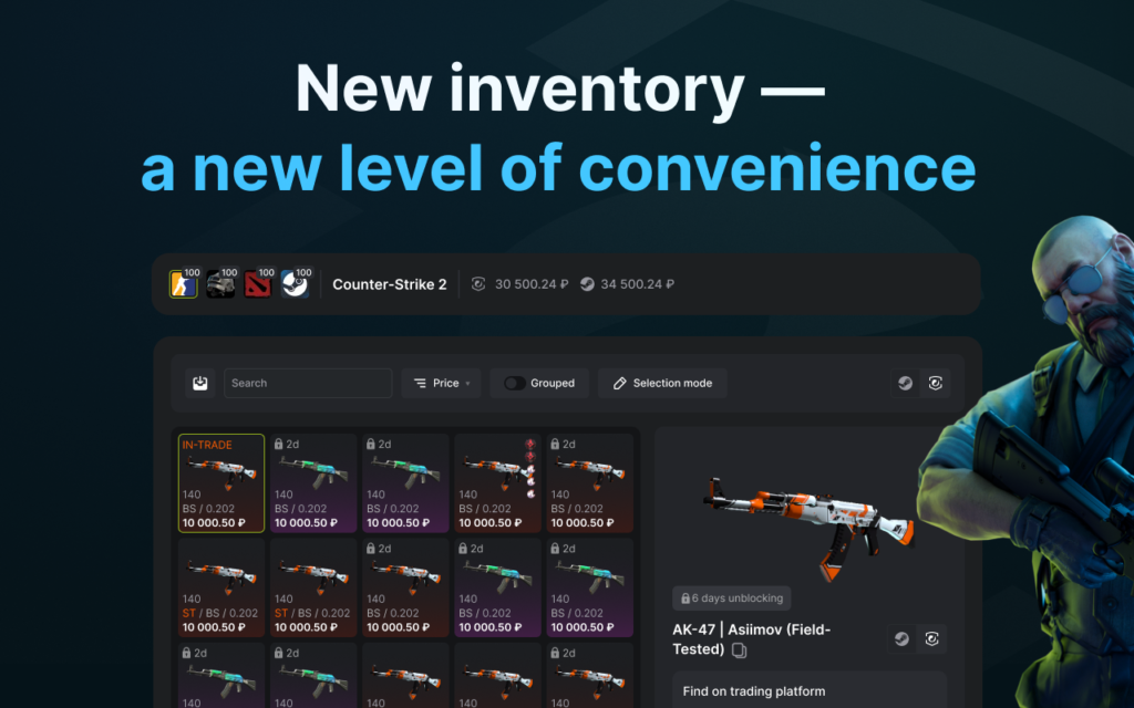 Competitive player managing CS2 and CSGO skins inventory with knives and rifle skins displayed in marketplace interface