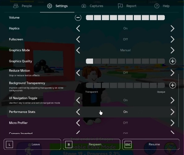 Roblox settings panel showing graphics level options to reduce crashing and lag when Roblox keeps crashing