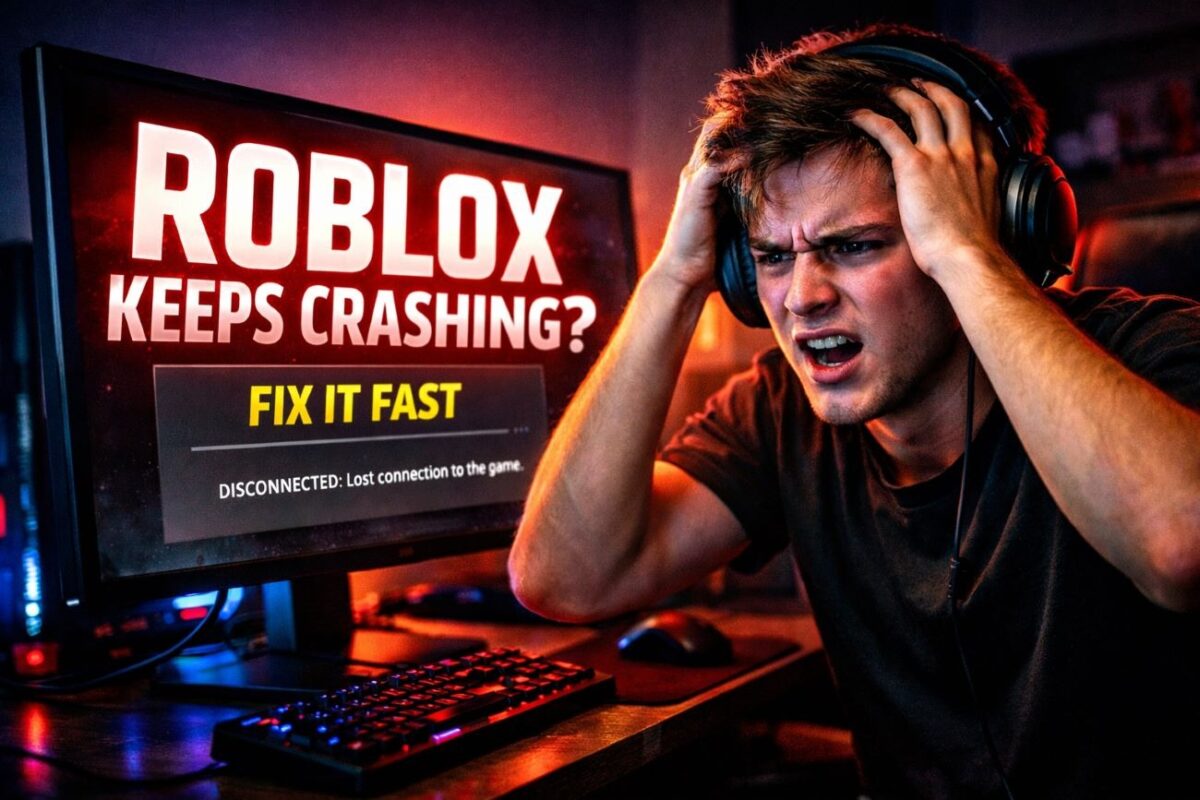 Frustrated gamer facing Roblox crashing error on PC screen with message Roblox keeps crashing fix 2026