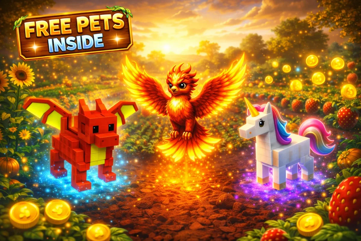 Best grow a garden pets including mythical dragon, phoenix, and unicorn above a glowing crop farm