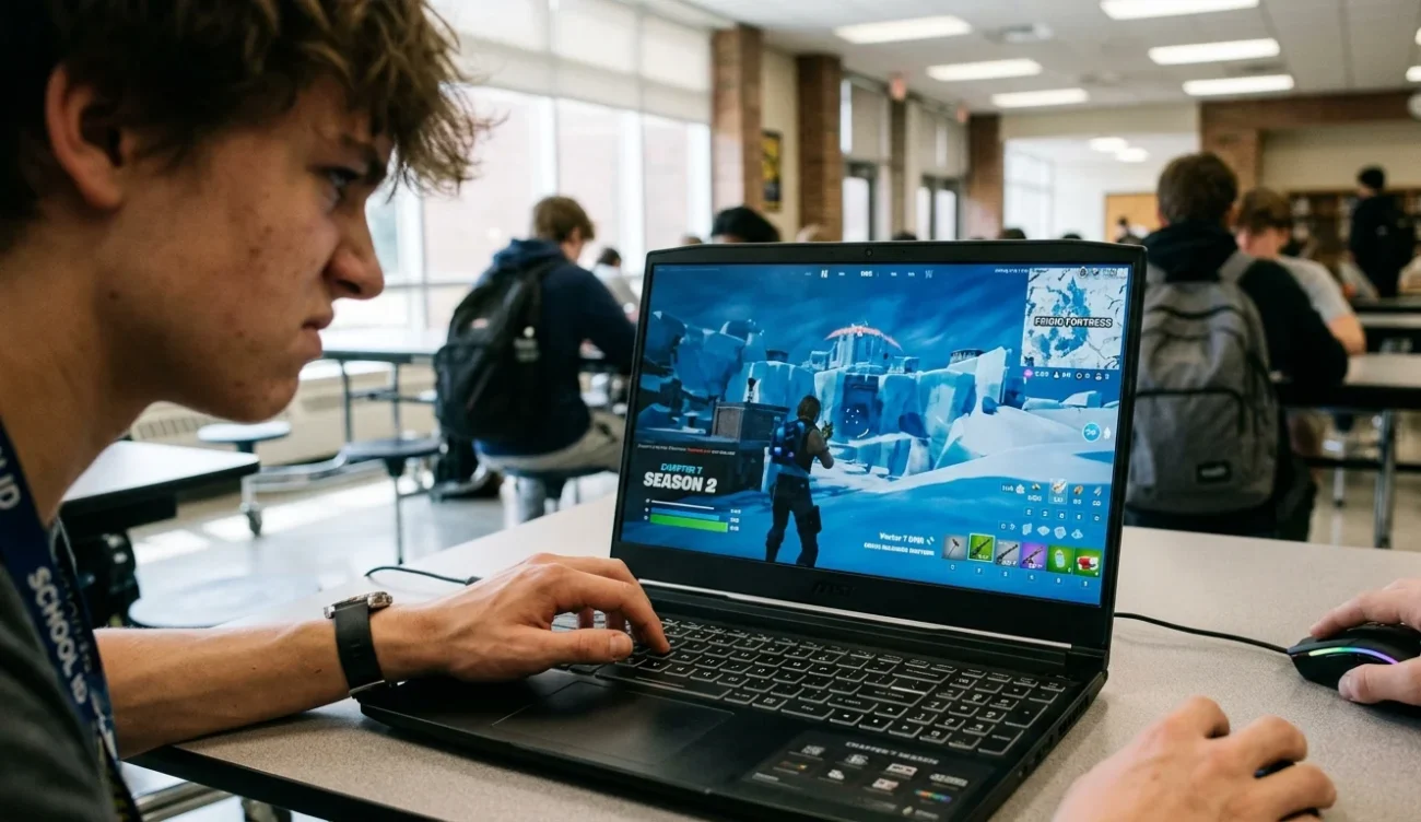 Student playing Fortnite Chapter 7 Season 2 unblocked on a laptop at school during lunch break