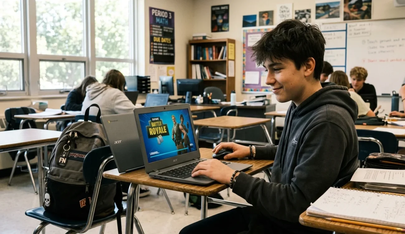 Student playing Fortnite unblocked at school on a Chromebook during break time