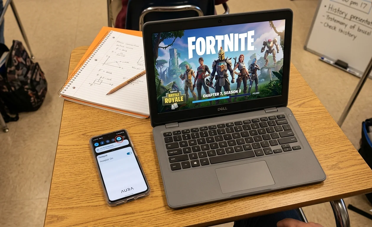 Phone hotspot connected to laptop running Fortnite unblocked bypassing school wifi restrictions