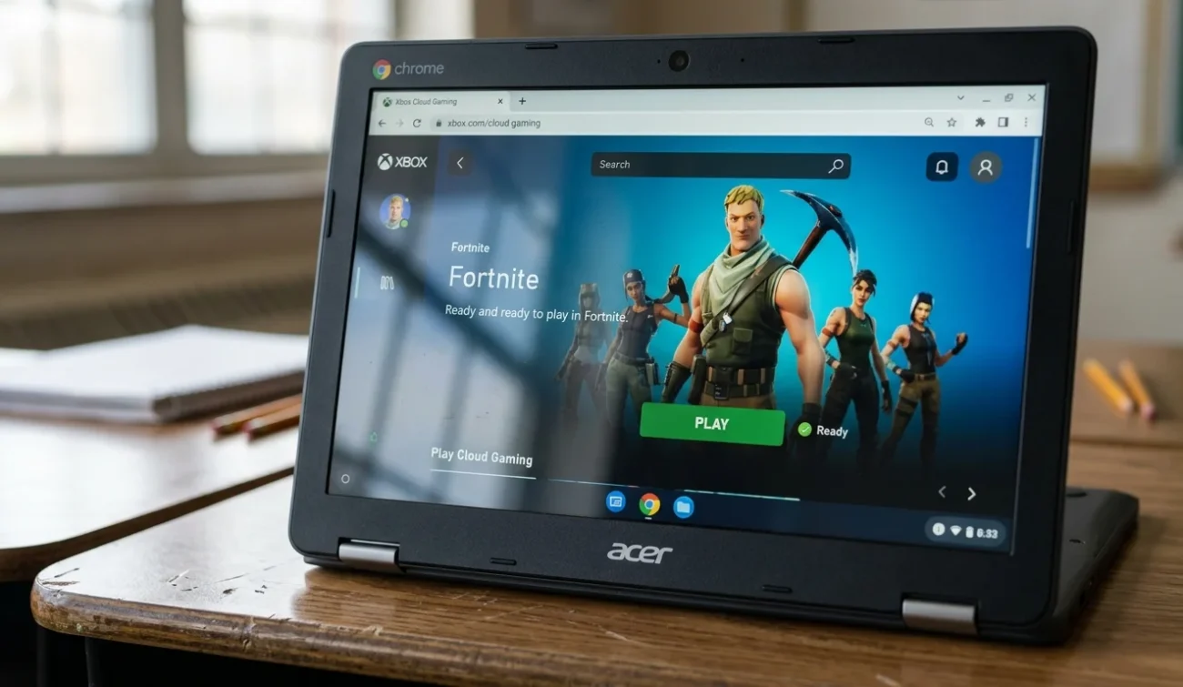 Xbox Cloud Gaming browser interface showing Fortnite unblocked running on a school Chromebook