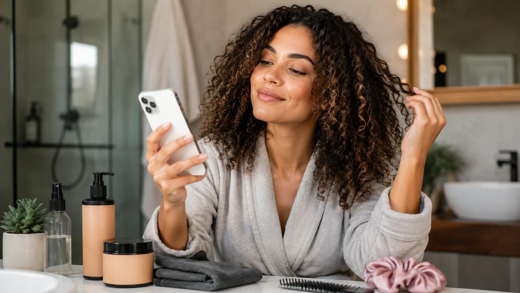 Woman with curly hair using a phone beside wash-day hair products