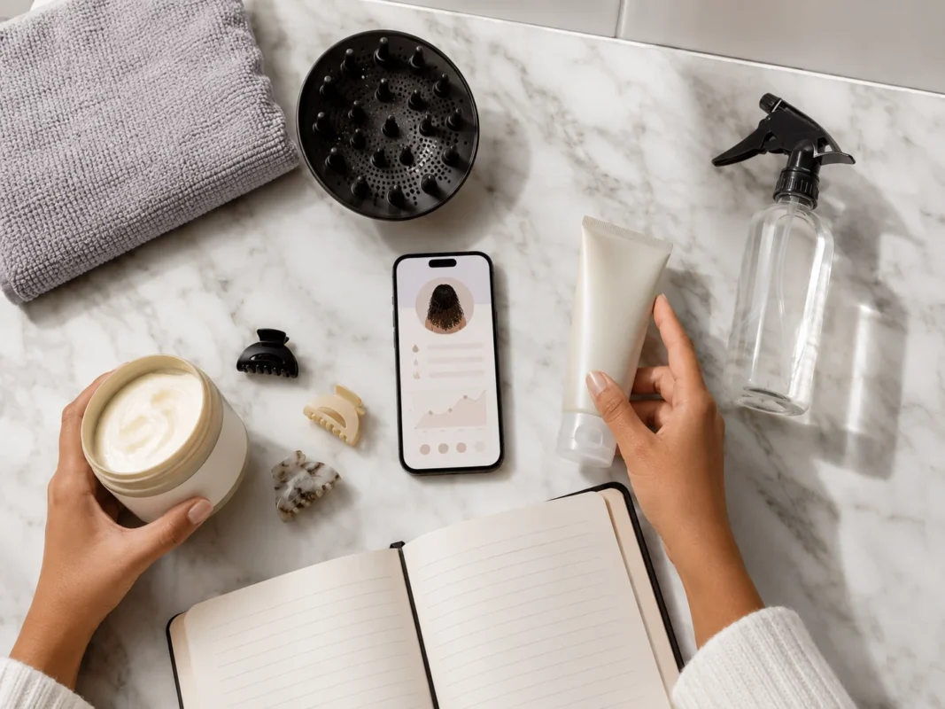 Phone and hair products arranged for tracking a curly hair wash-day routine
